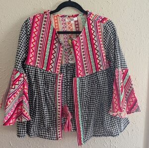 NWT American & Beyond Pink Gingham Checkered Jacket With Bright Embroidery